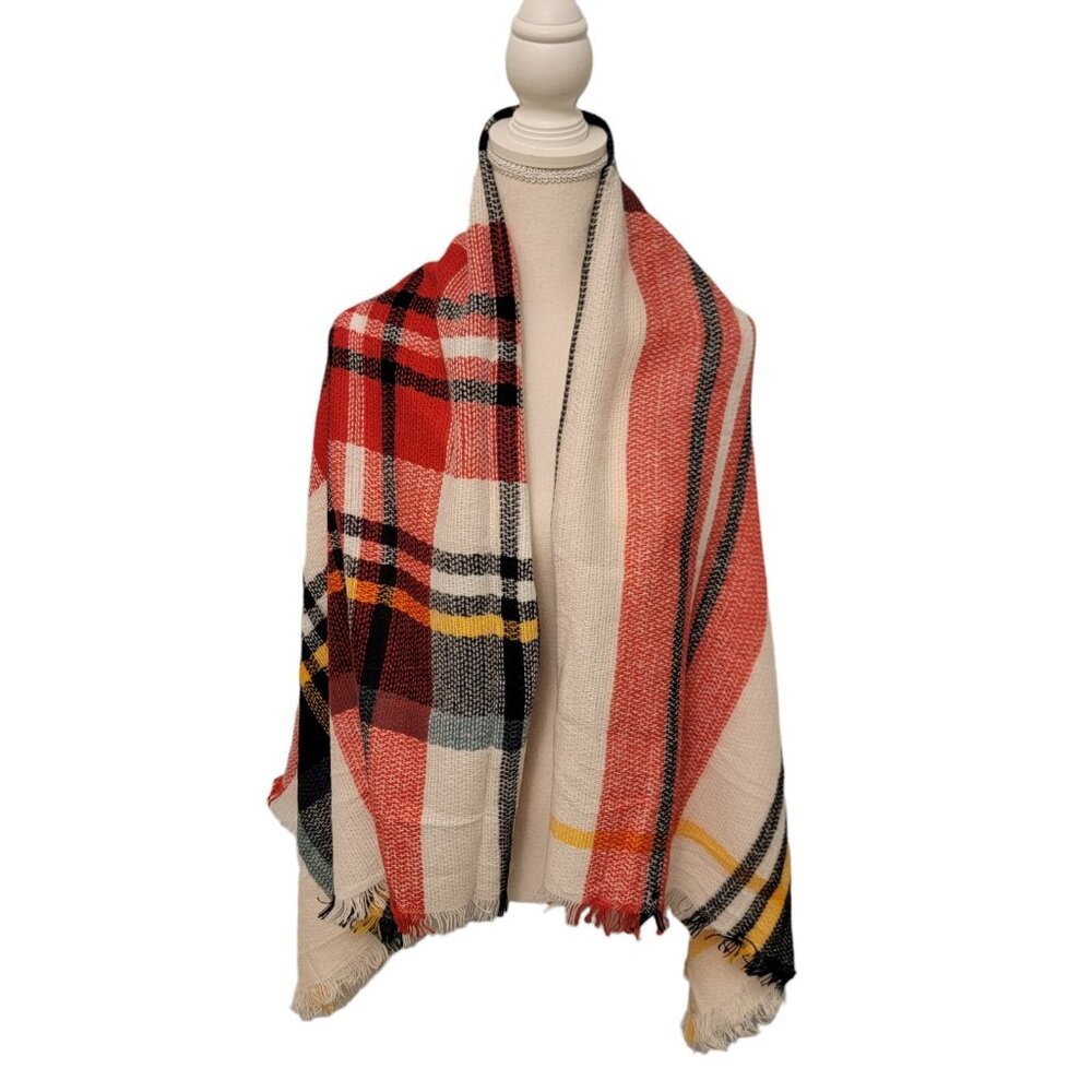 Funky Monkey‎ Red Yellow Plaid Wrap Scarf Fringe